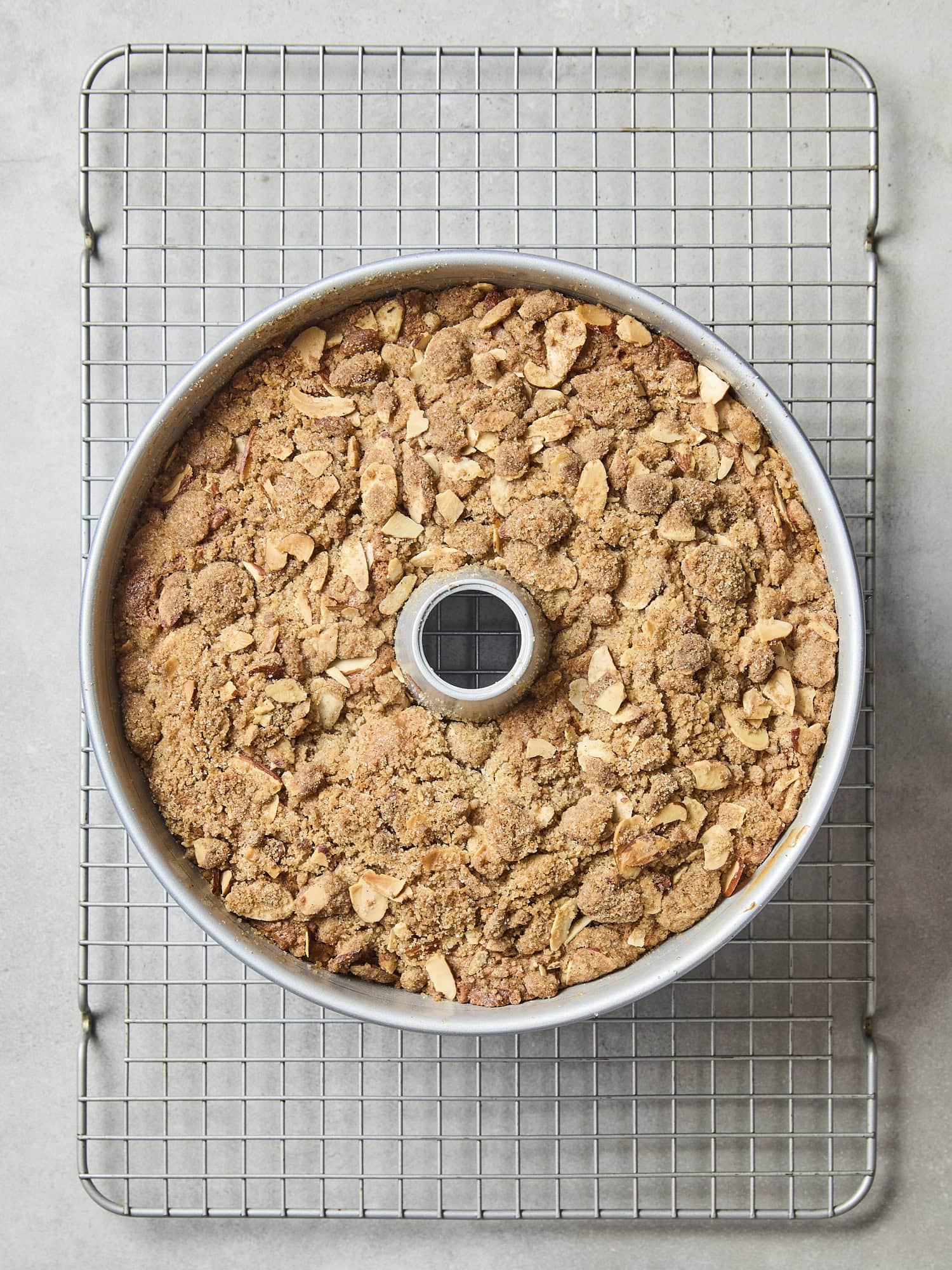 Cooling coffee cake in pan on wire rack.