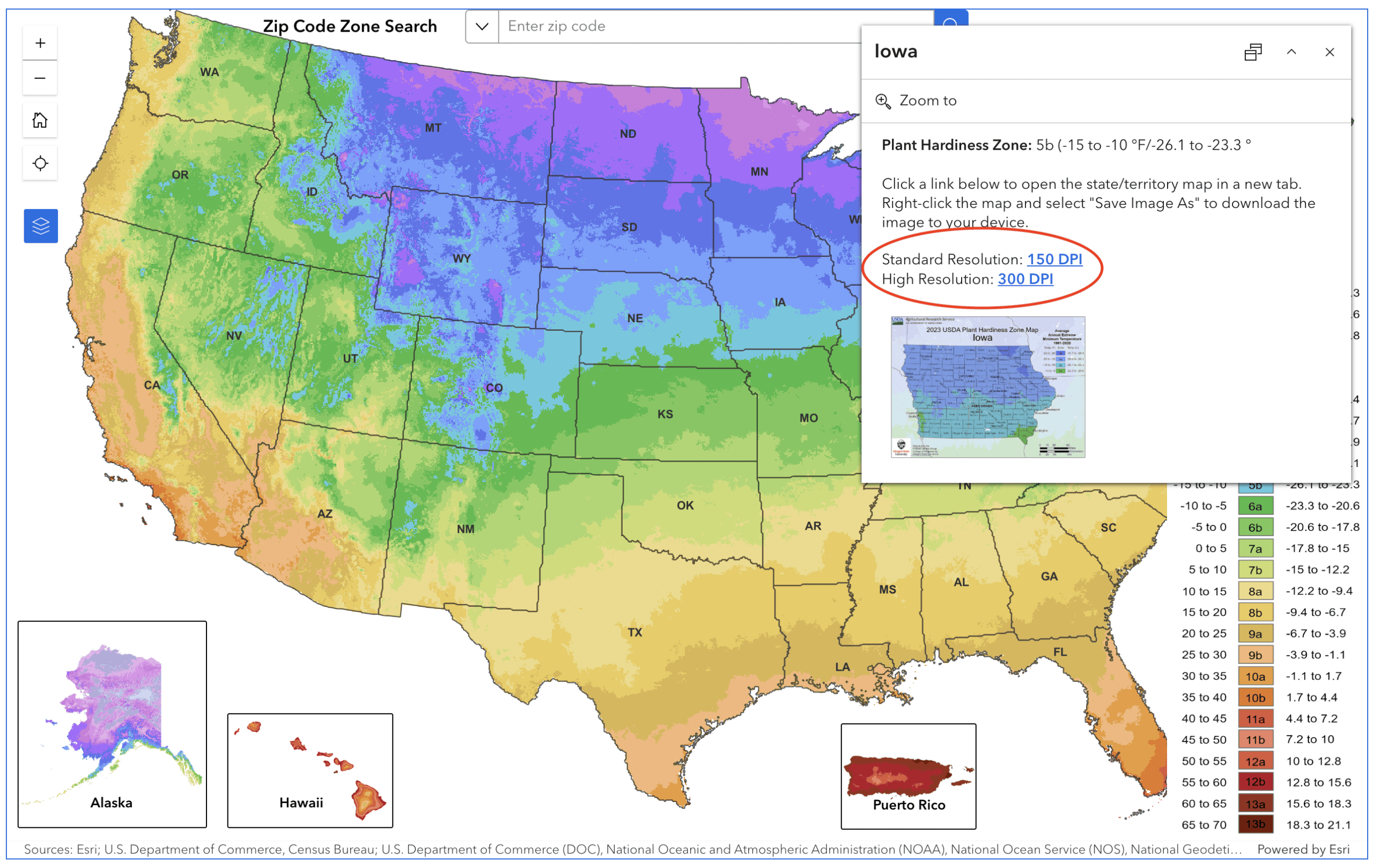 USDA plant hardiness zone map with state selected.