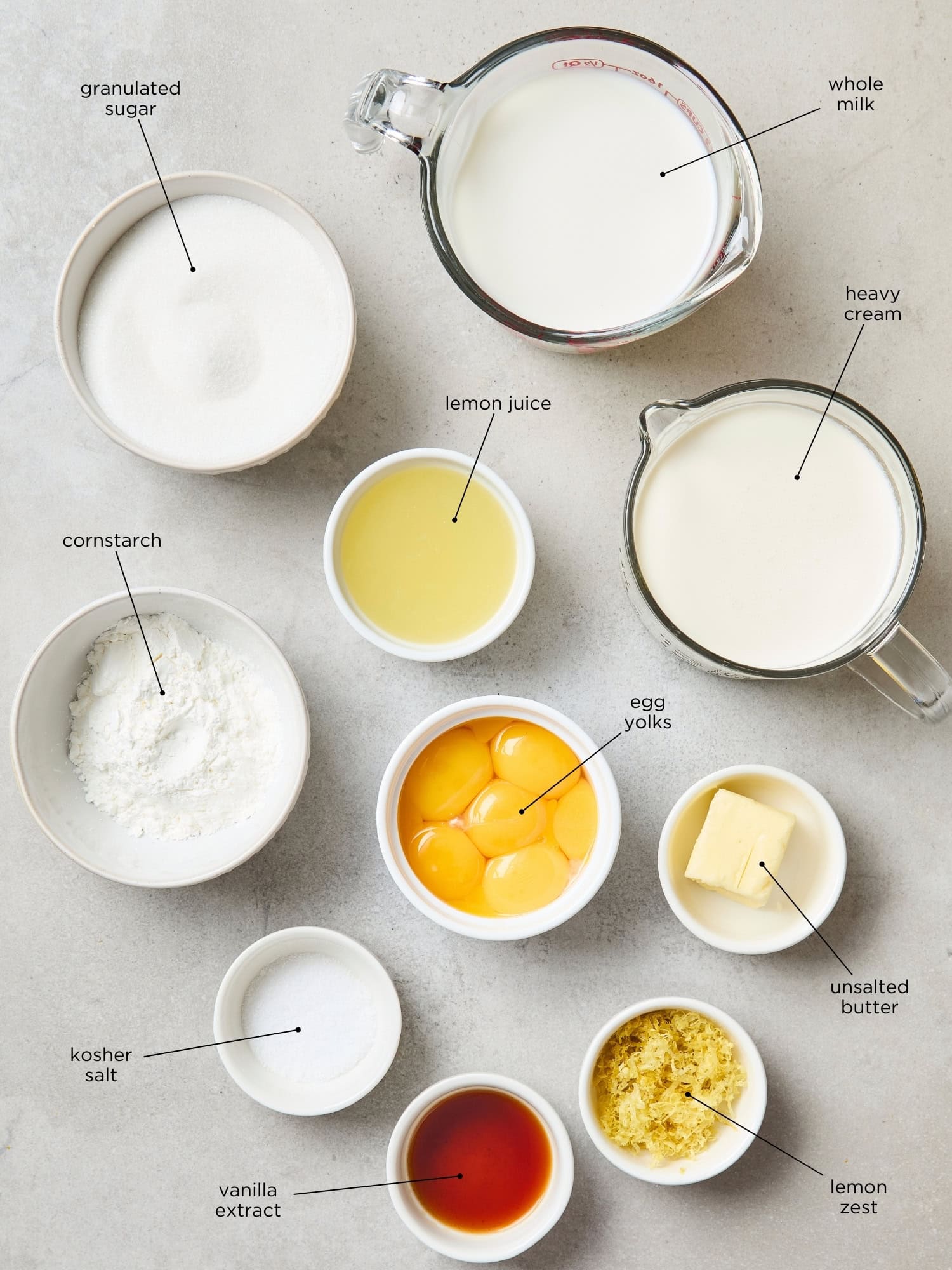 Ingredients needed for homemade lemon pudding.