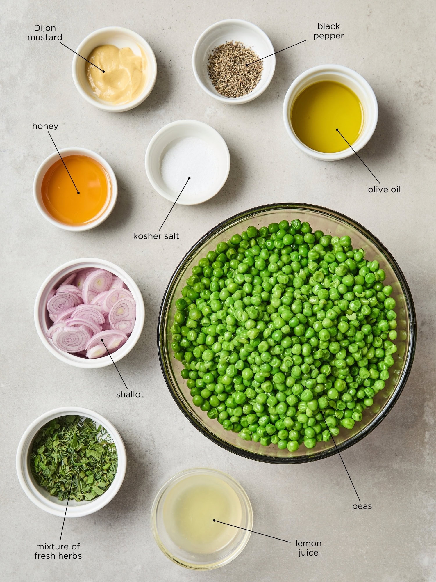 Ingredients needed for lemon herb peas side dish.