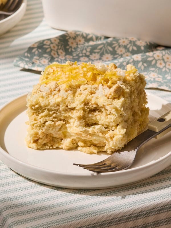 Plate with square serving of lemon icebox cake.