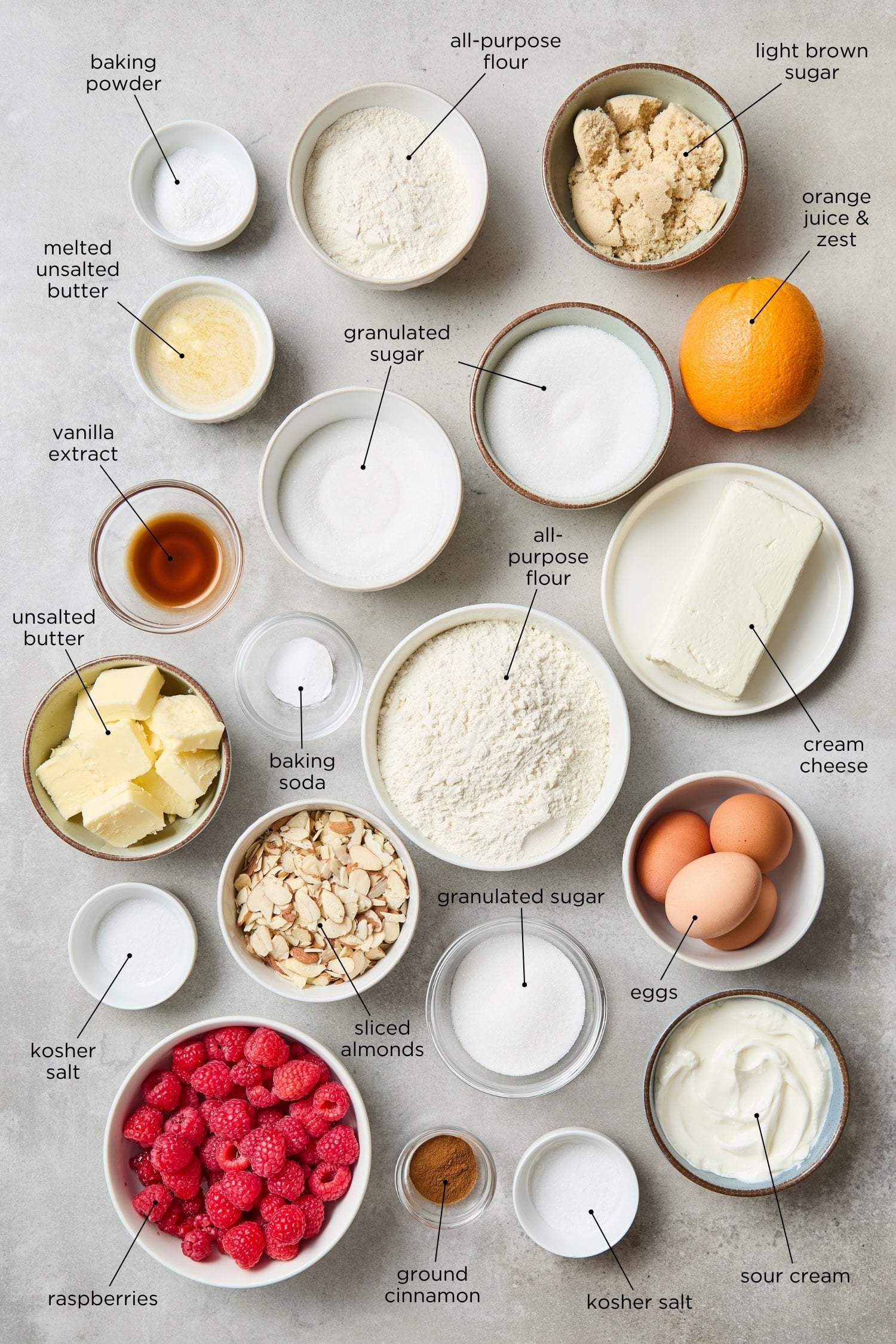 Ingredients for raspberry orange coffee cake.