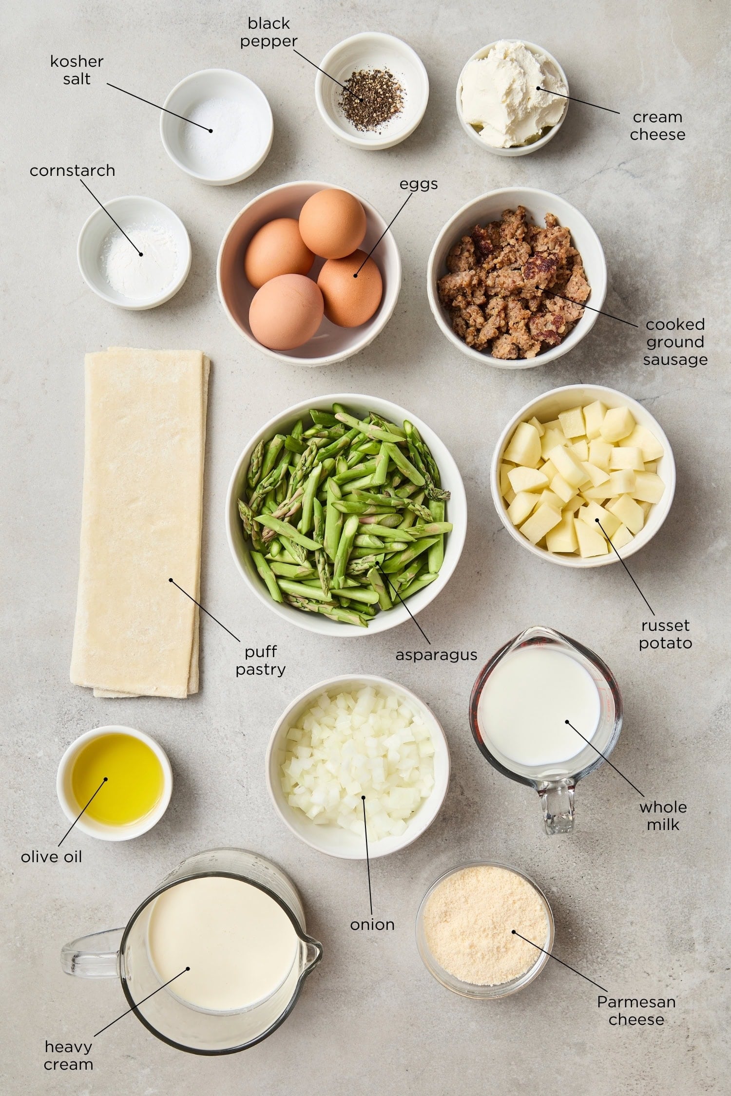 Sausage asparagus quiche ingredients.