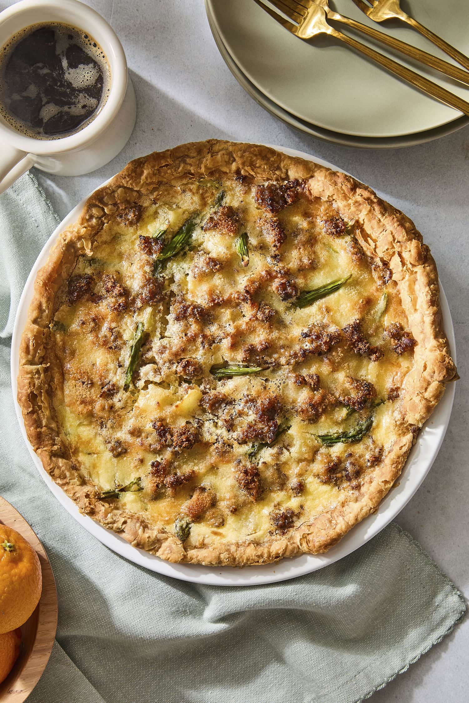 Asparagus quiche baked in a pie dish.