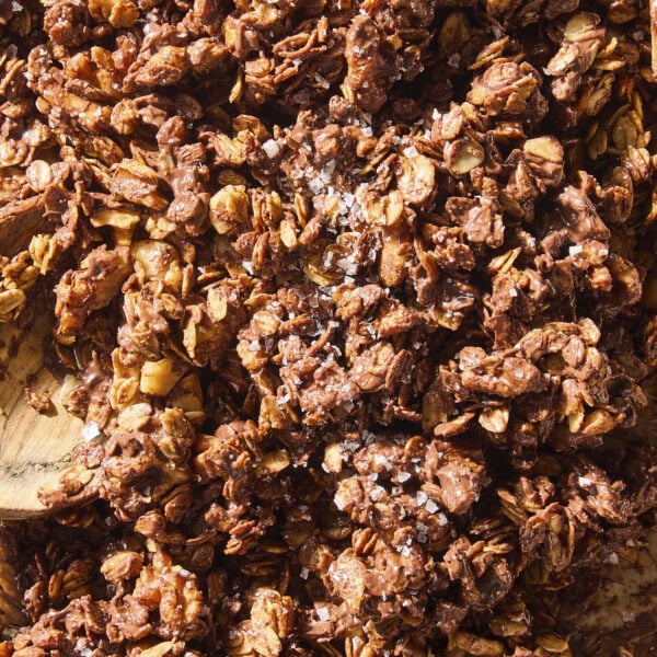 Craggy pieces of chocolate covered granola.