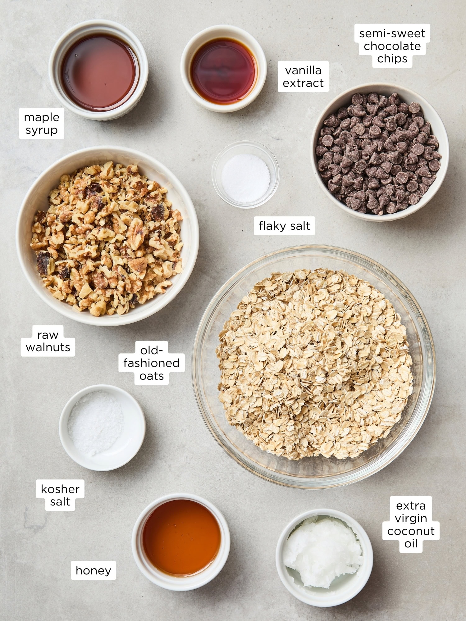 All ingredients needed for chocolate chip cookie granola.