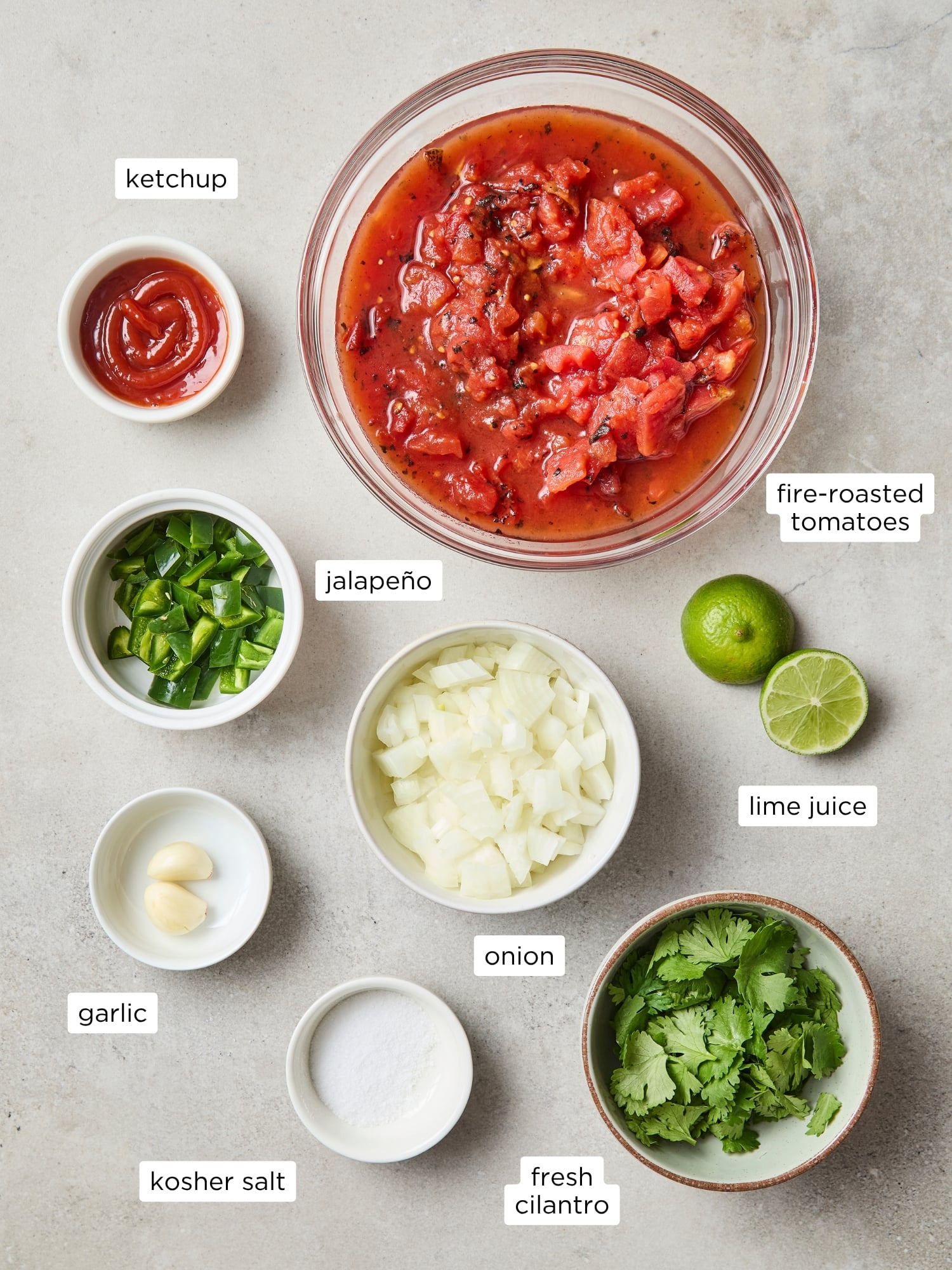 Ingredients needed for a restaurant-style salsa recipe.
