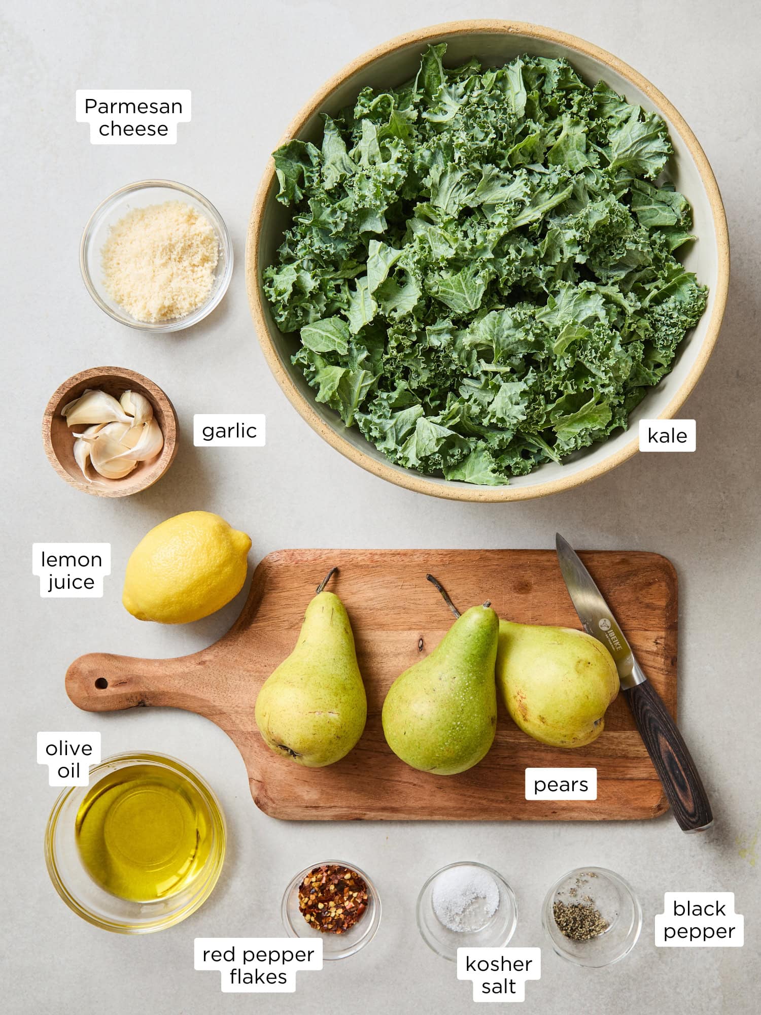 Ingredients for spicy pear kale salad.