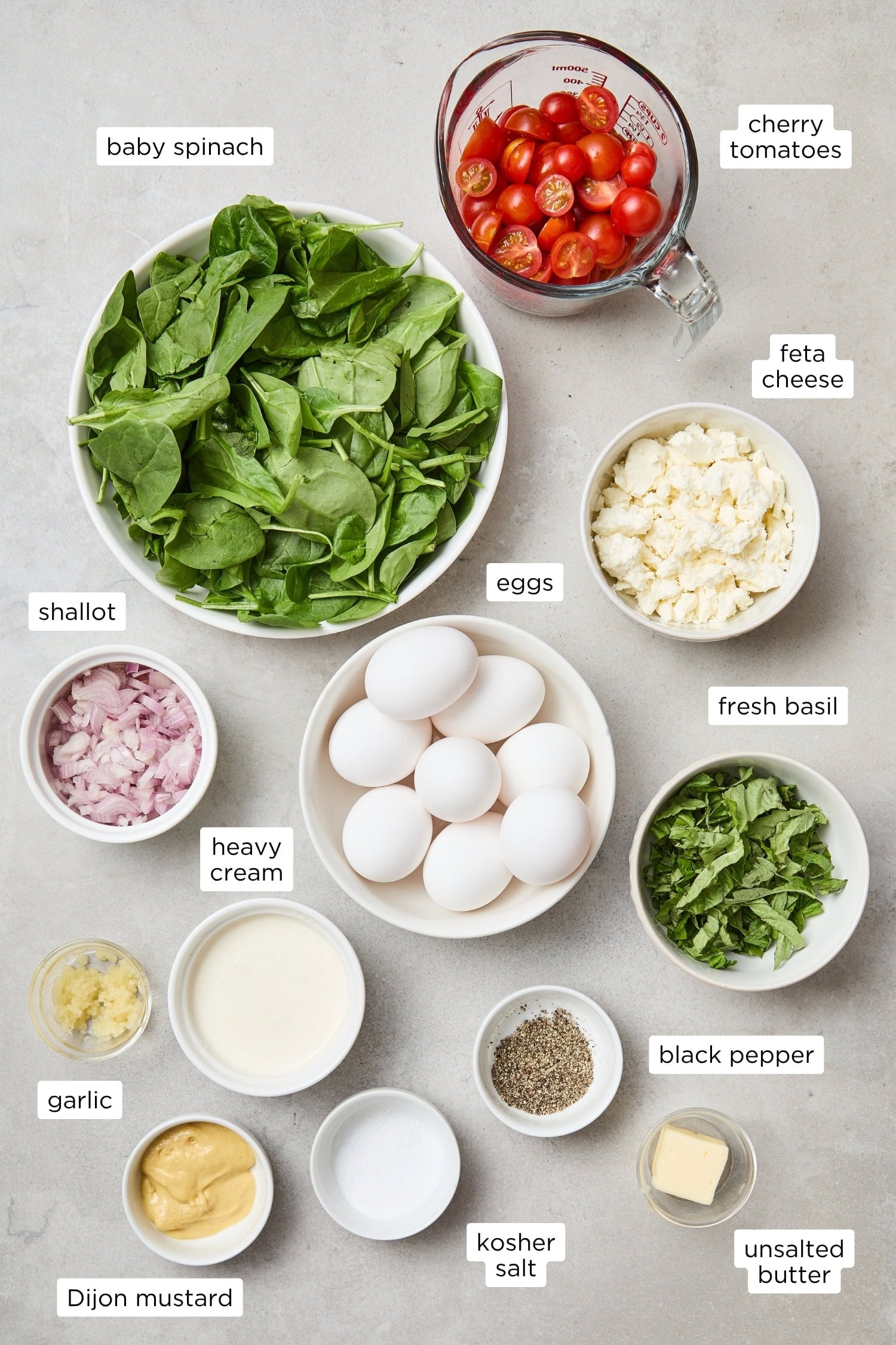 Ingredients for tomato and spinach frittata.