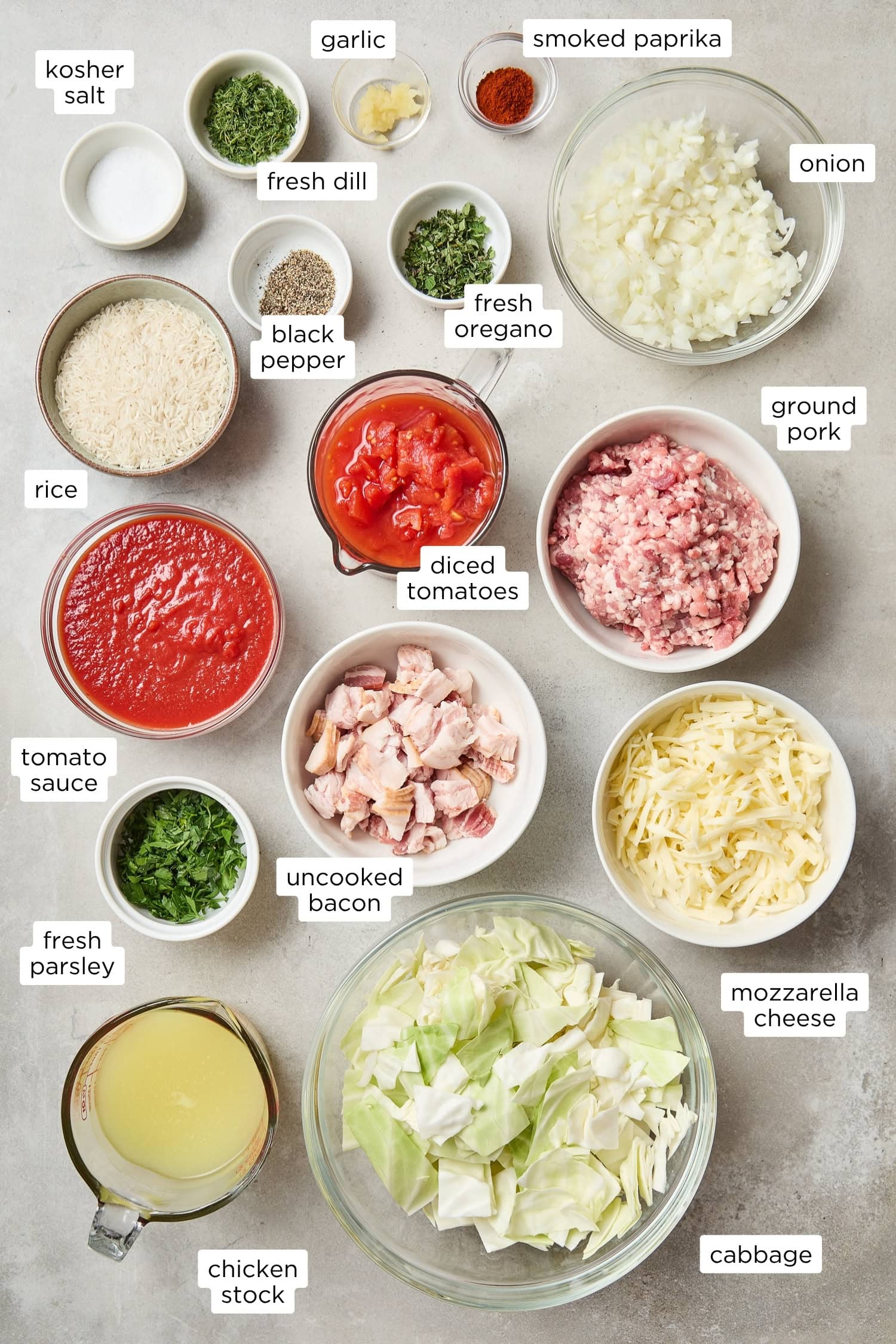 Ingredients needed for unstuffed cabbage roll skillet recipe.