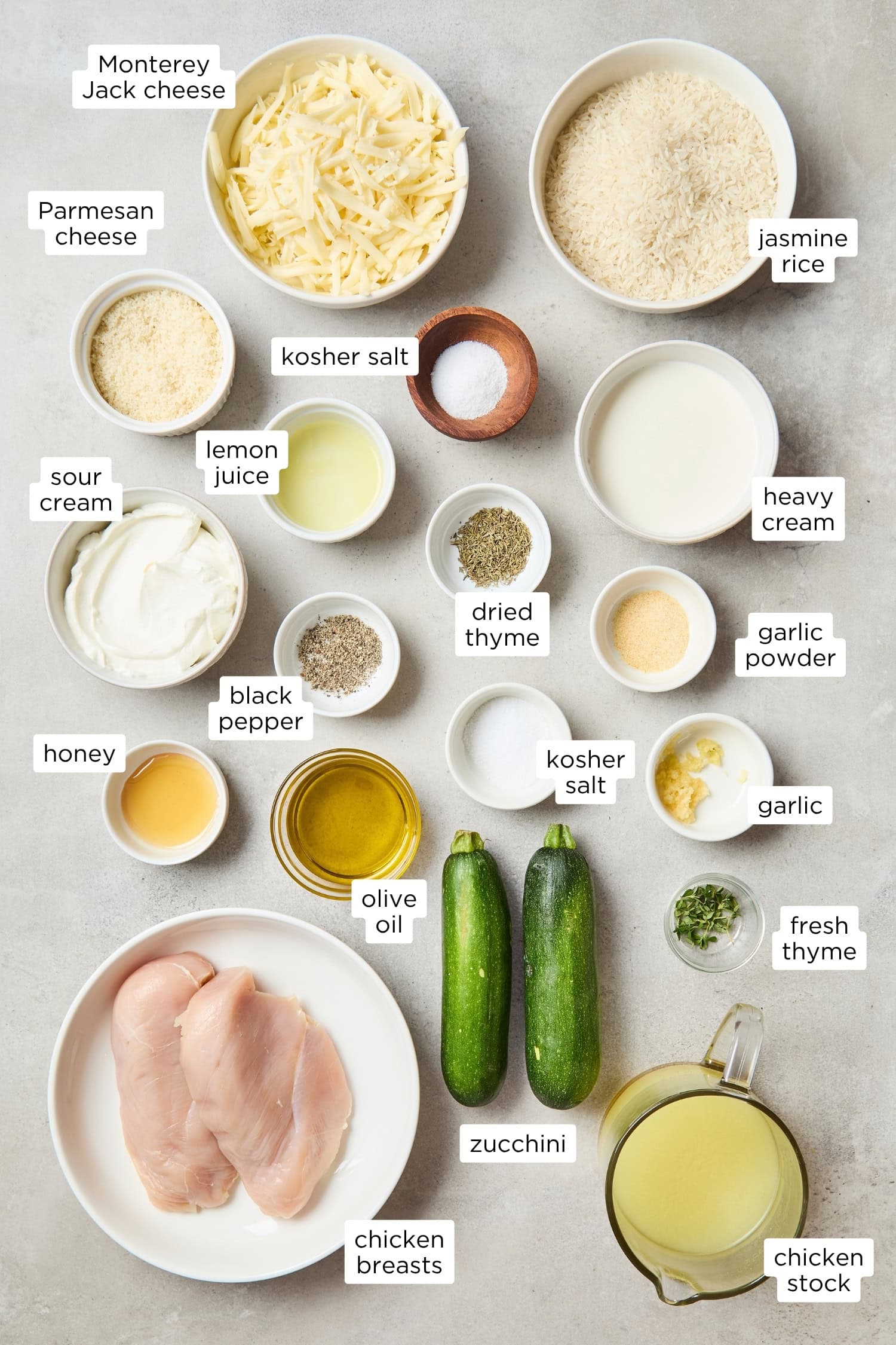 Ingredients for chicken zucchini rice casserole.