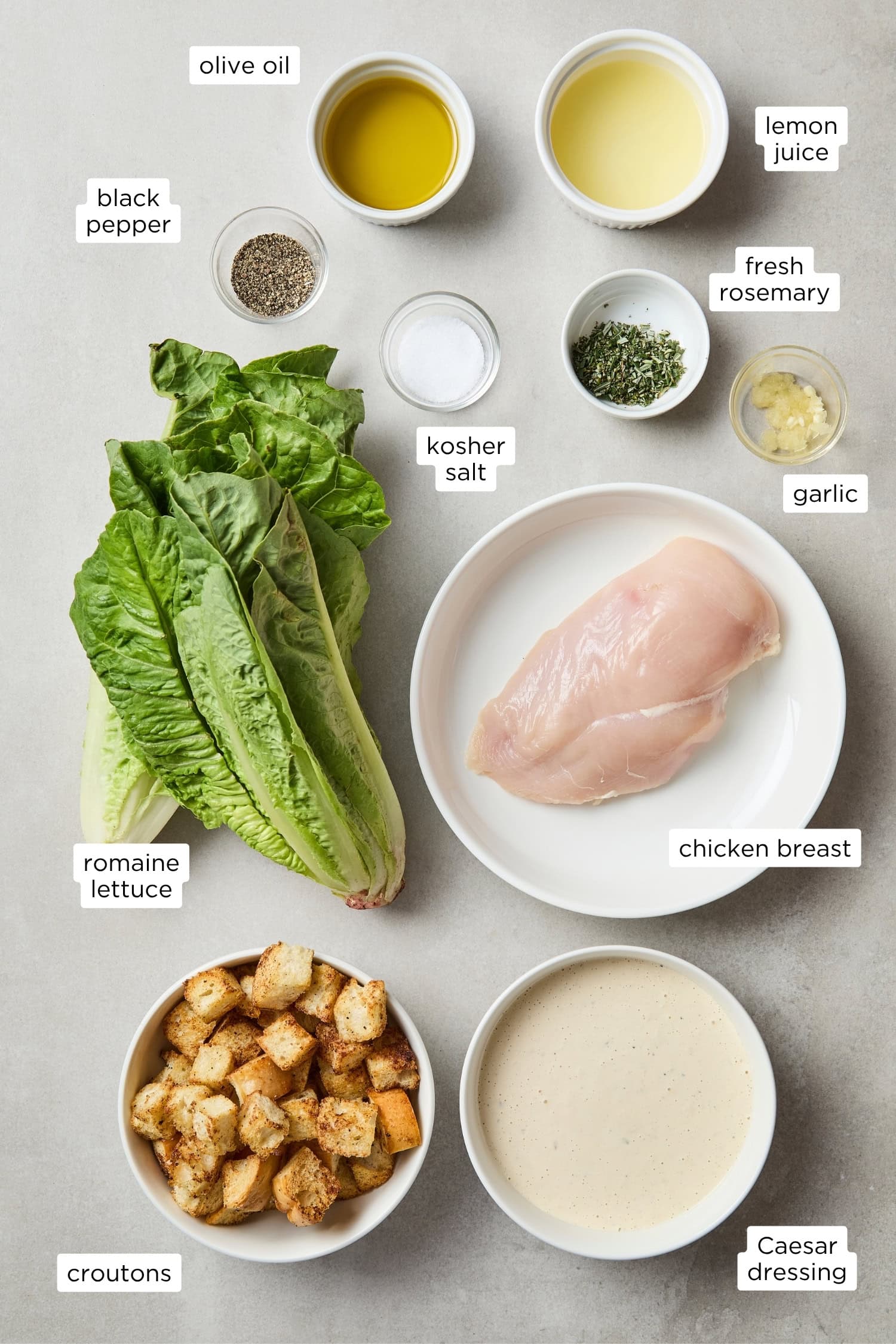 Ingredients for chicken Caesar salad.