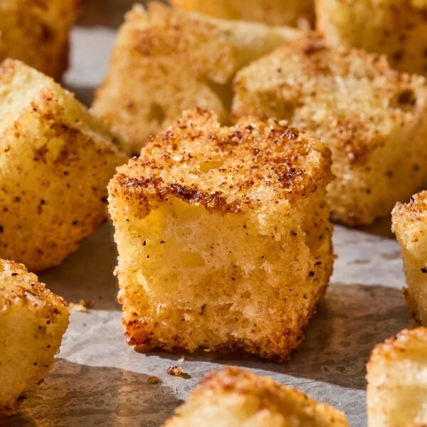 Baked golden and crispy homemade croutons.