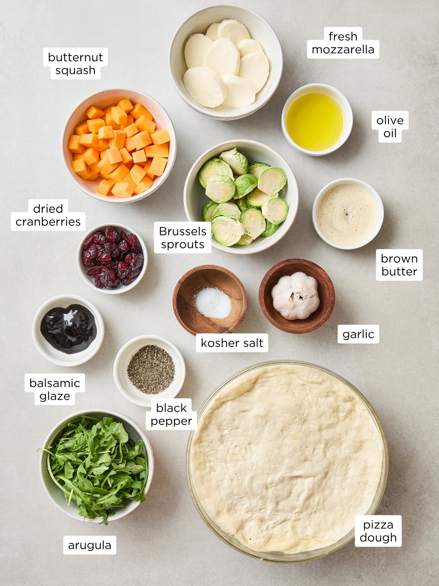 Ingredients needed to make butternut squash pizza.
