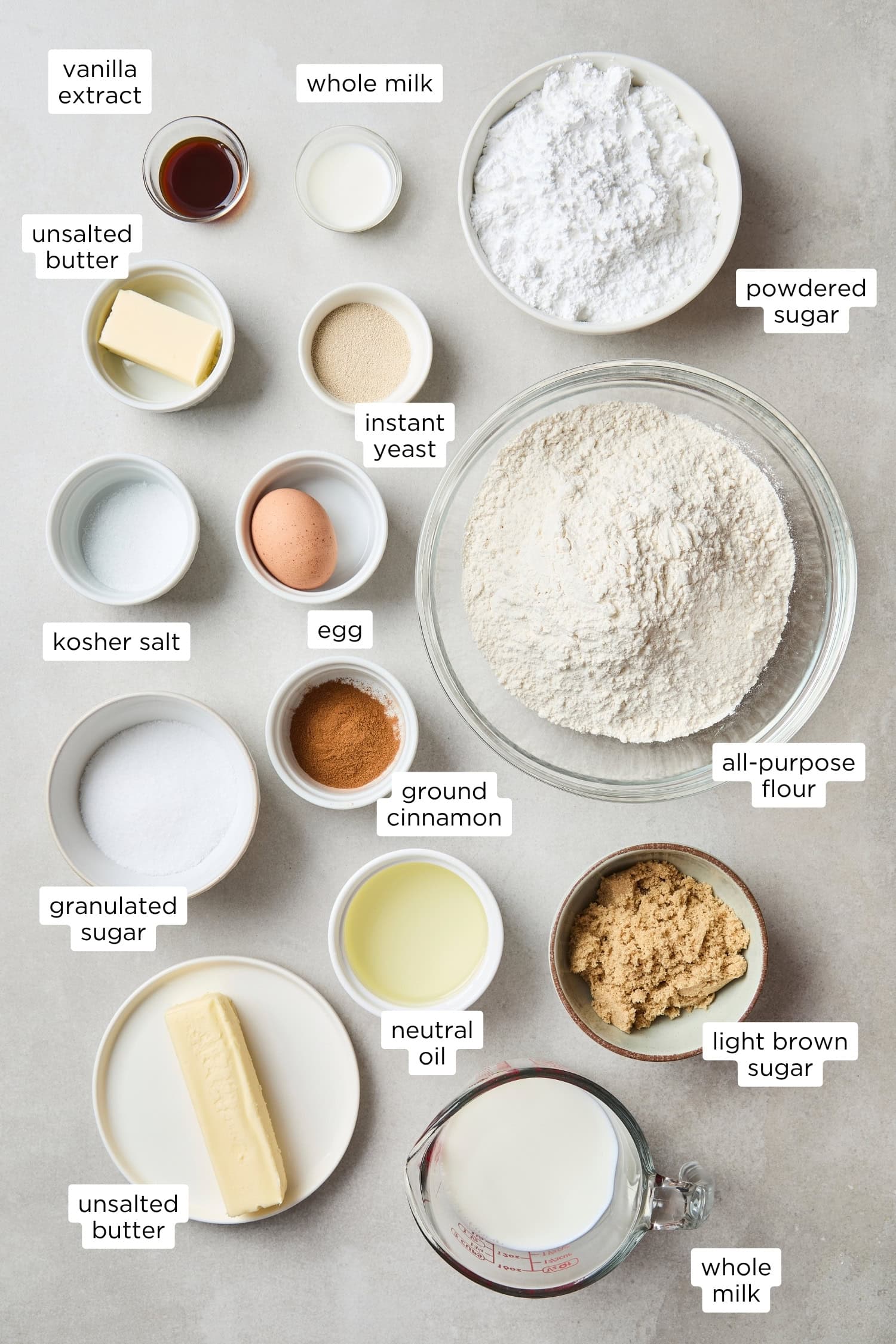 Ingredients needed for homemade cinnamon rolls with brown butter icing.