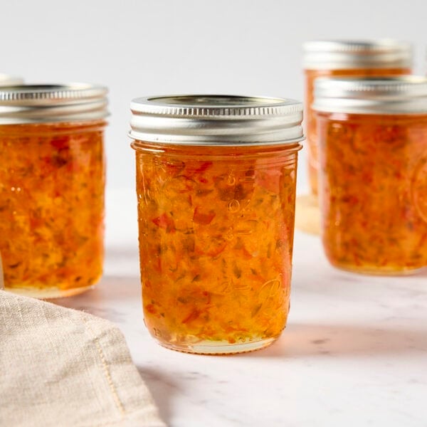 Jars of hot pepper jelly after being canned.