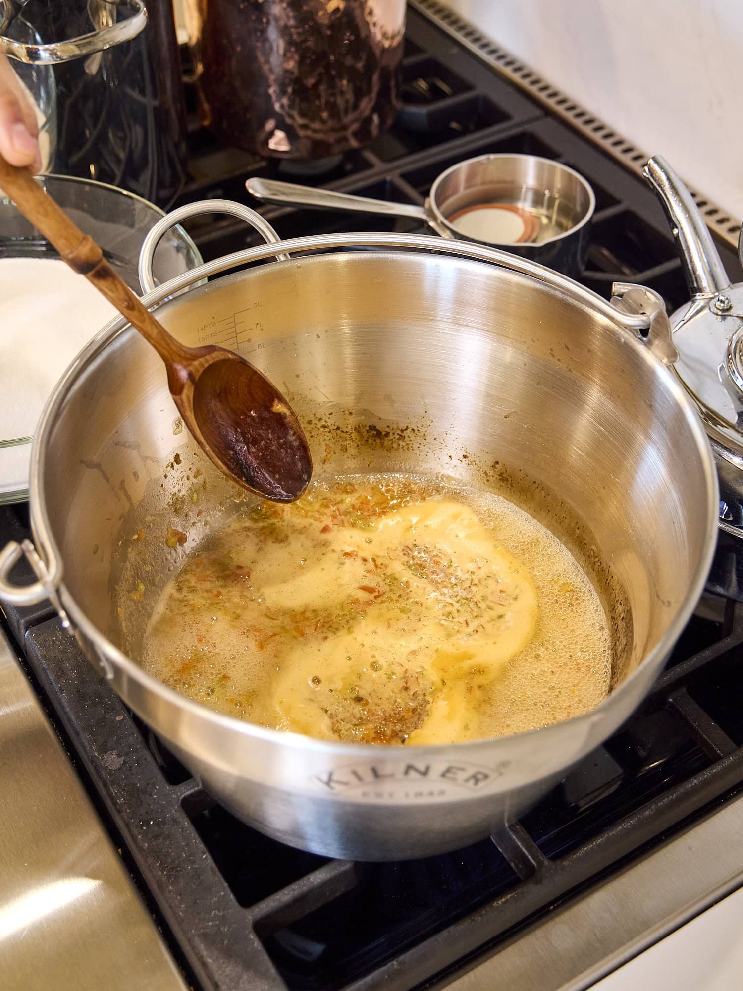 Boiling mixture of hot pepper jelly recipe.