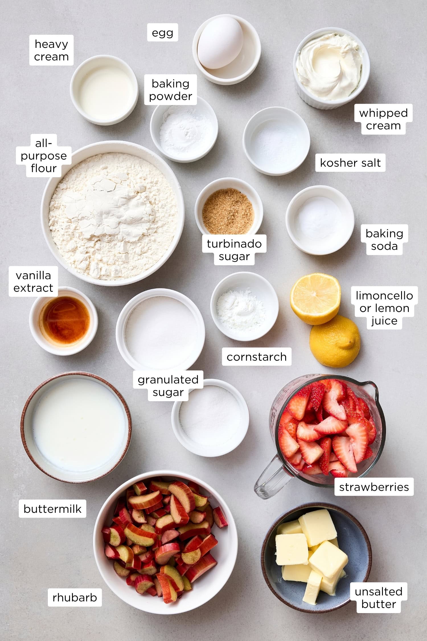Ingredients for strawberry rhubarb shortcake.