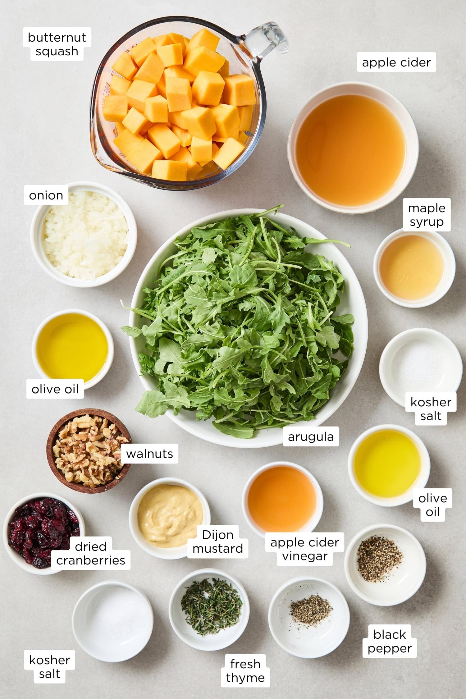 Ingredients needed for a roasted butternut squash salad for fall.
