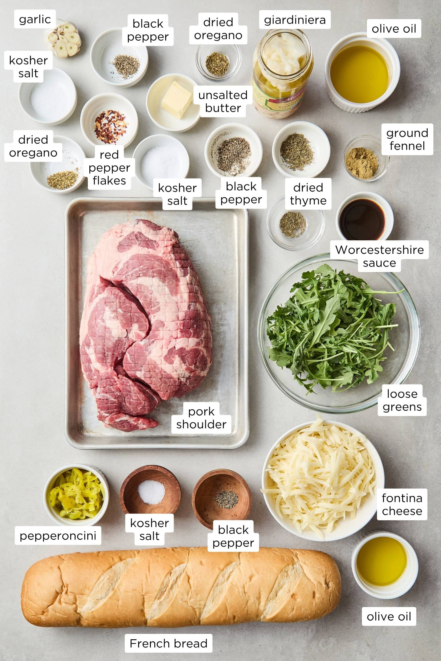 Ingredients needed for an Italian pork sandwiches recipe.