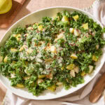 A serving platter with spicy pear kale salad.
