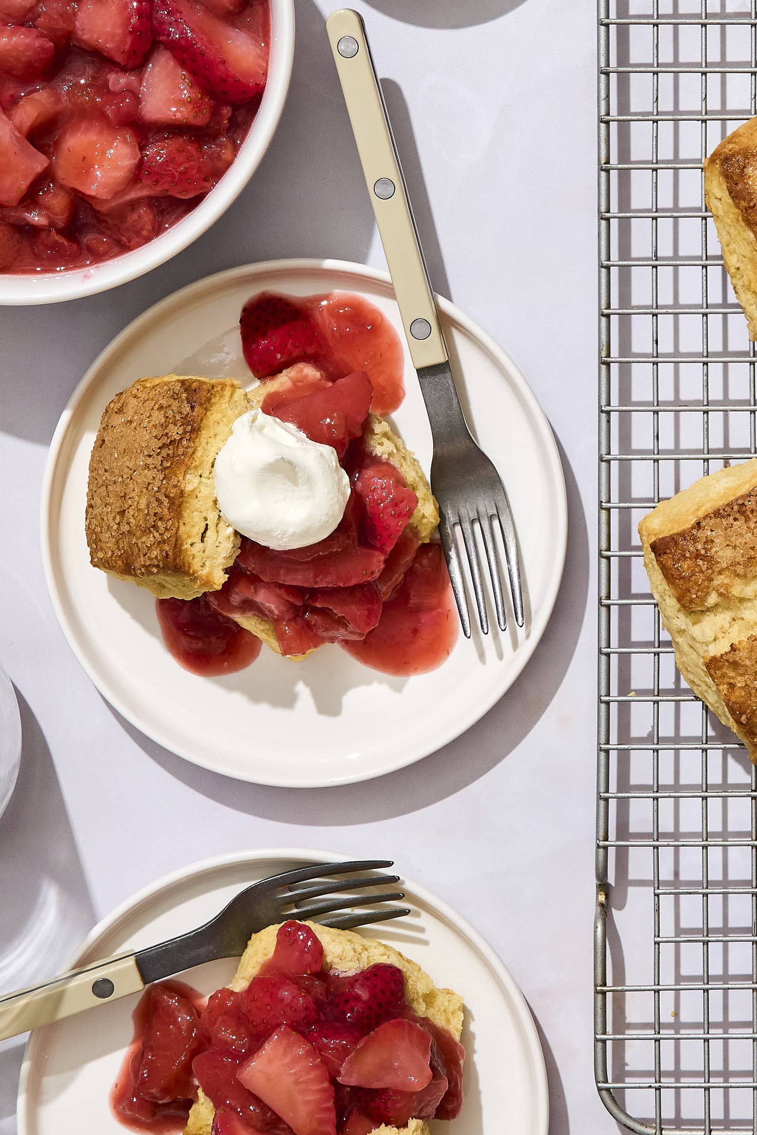 Assembled strawberry rhubarb shortcake made from a biscuit.
