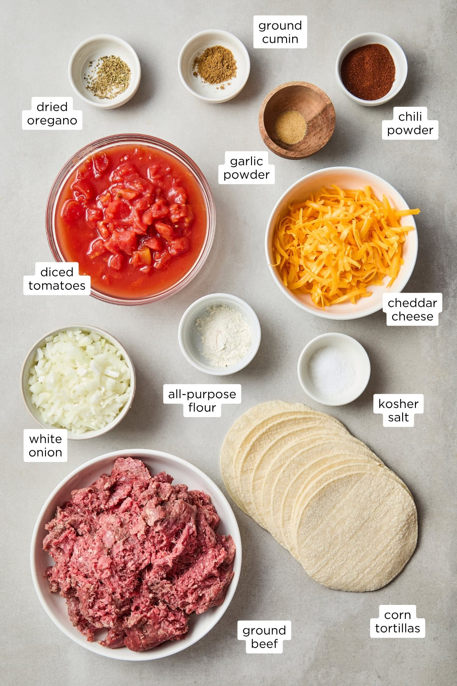 Ingredients needed for taco casserole recipe.
