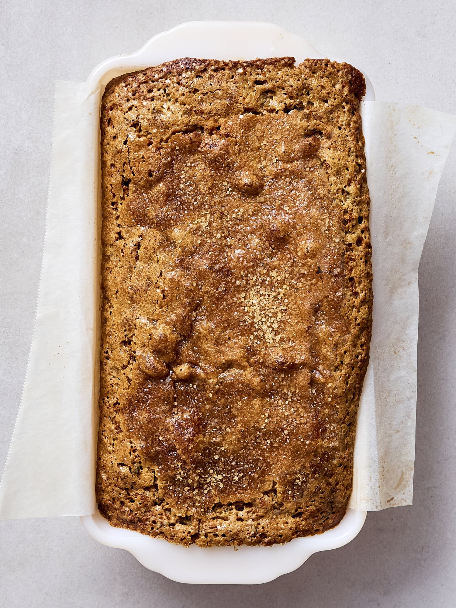 Baked zucchini bread in loaf pan.