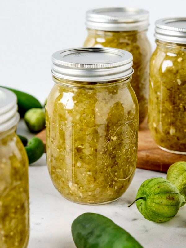 Tomatillo salsa verde in glass jar after being canned.