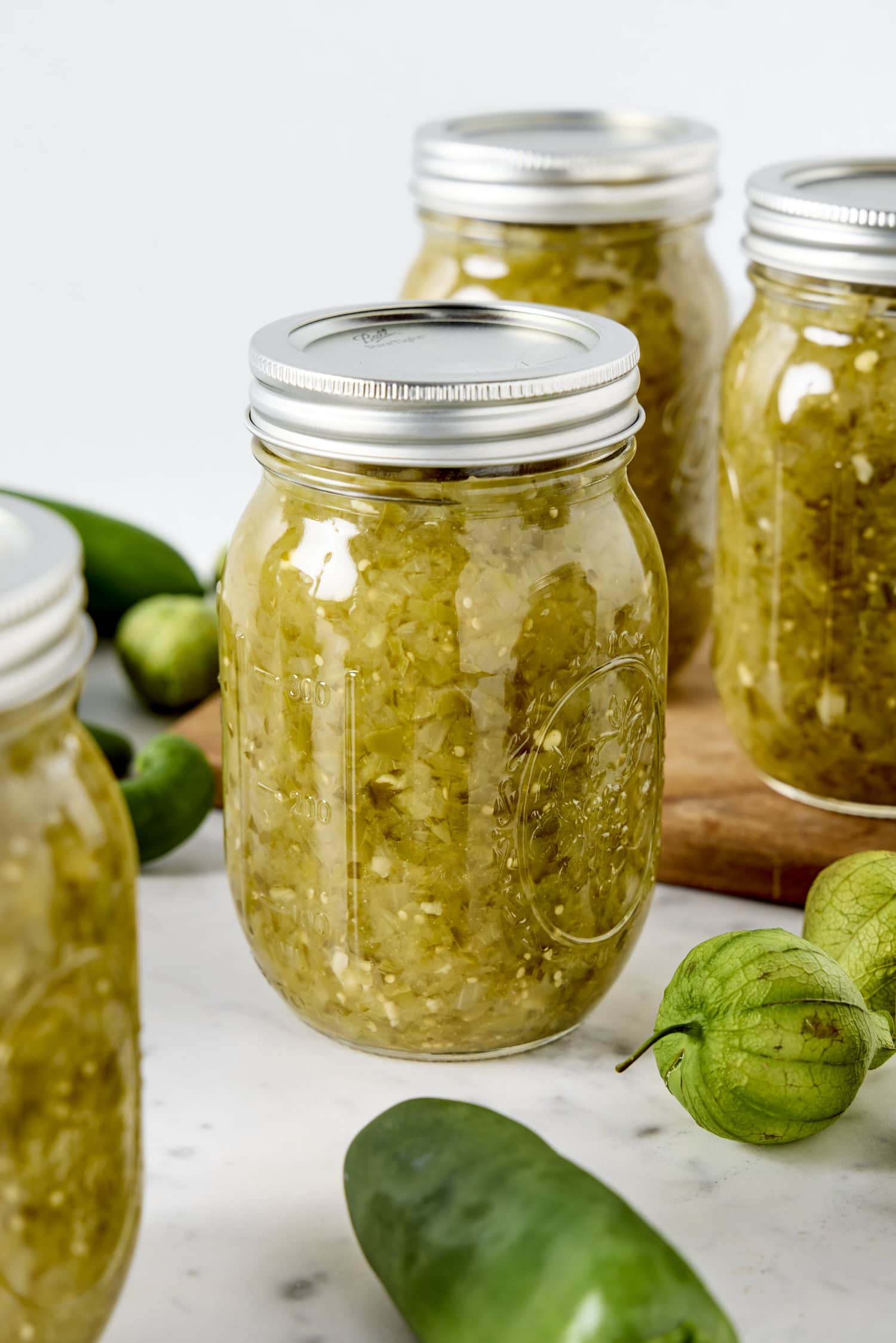 Tomatillo salsa verde in glass jar after being canned.