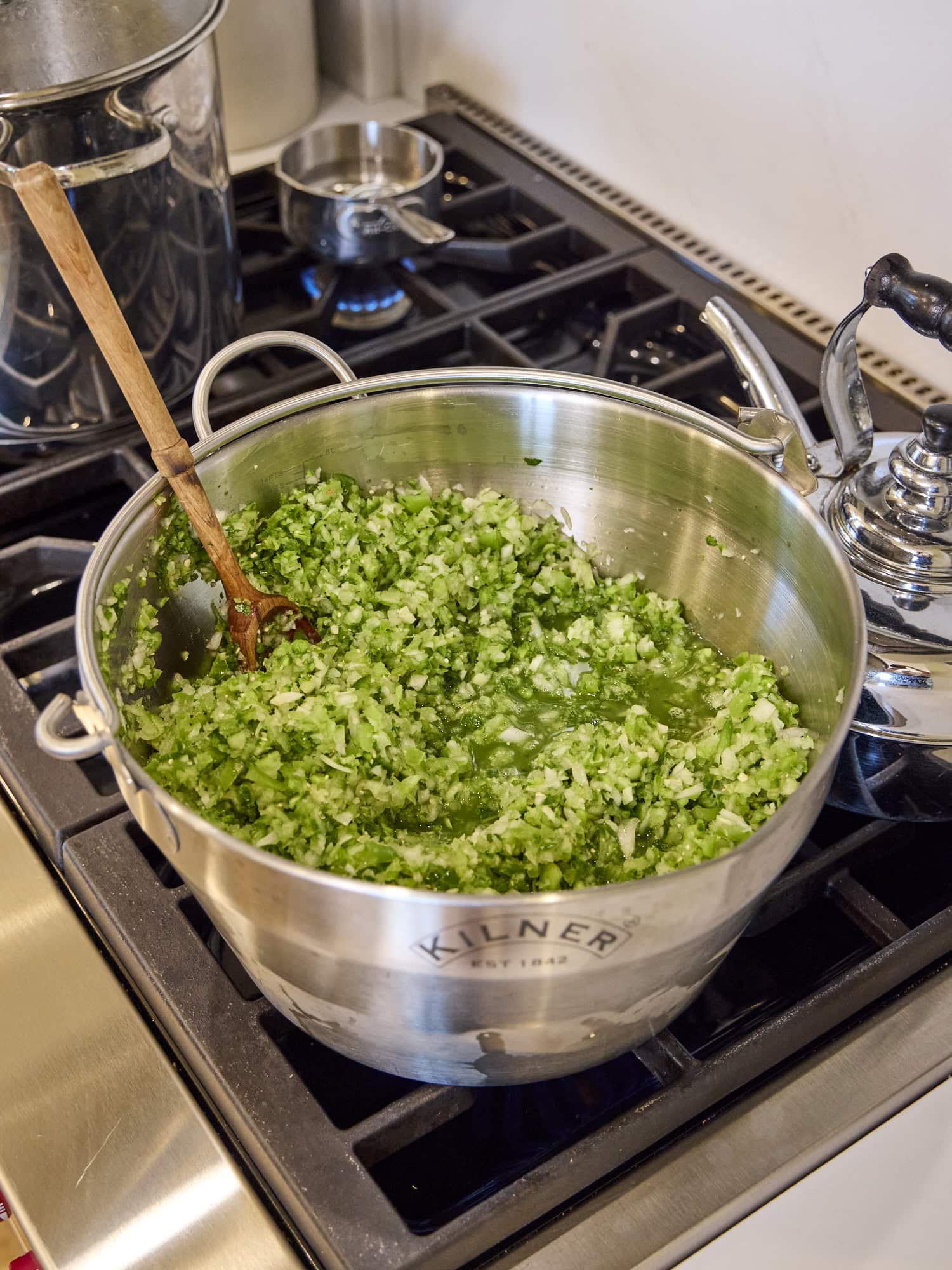 Tomatillo salsa recipe in stockpot before cooking down.