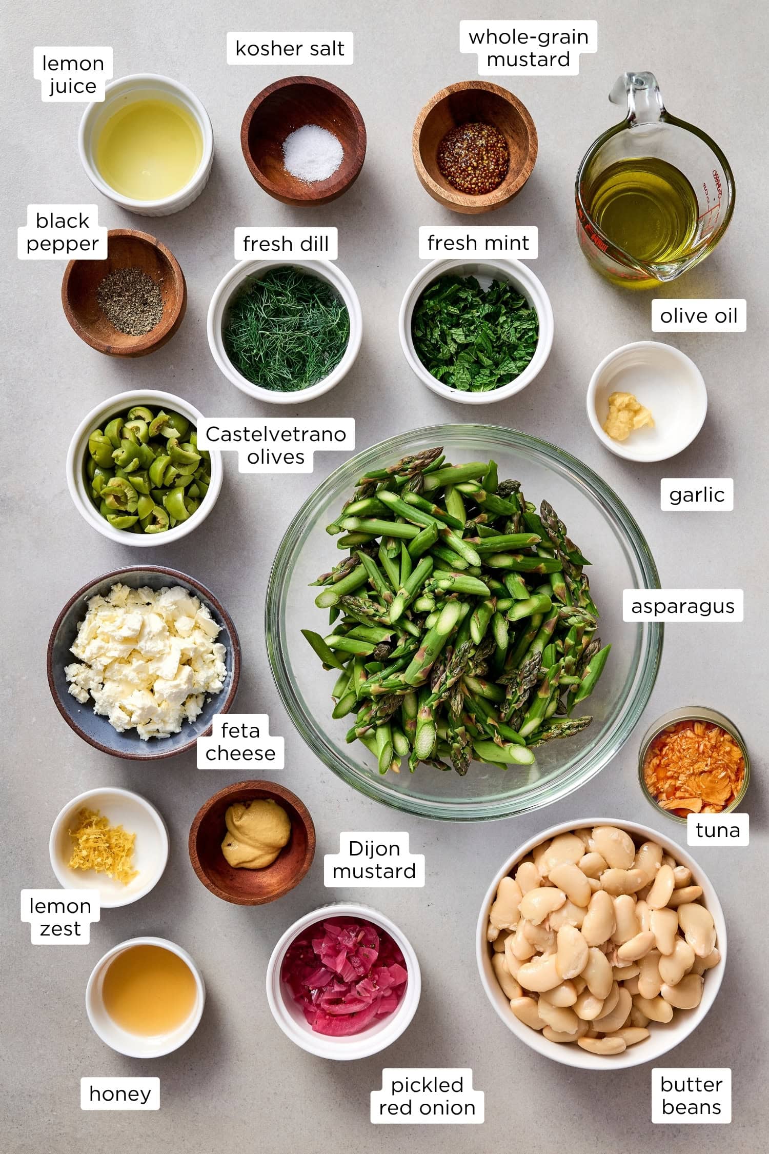 Ingredients needed for asparagus white bean salad.