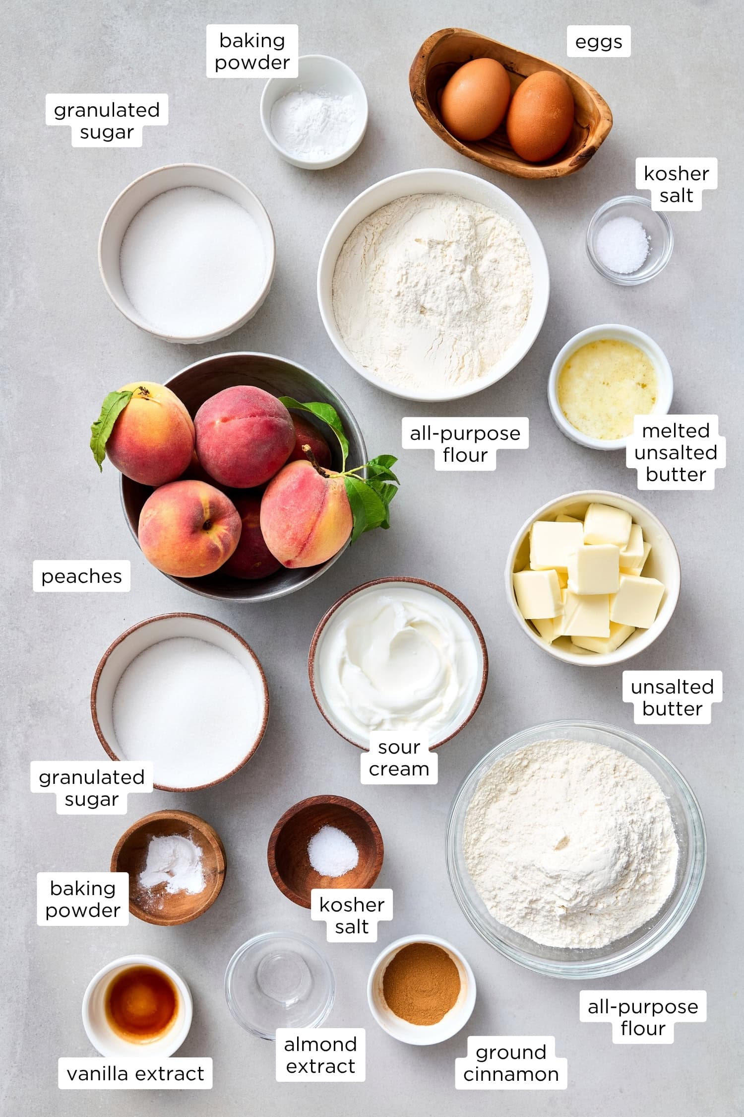 Ingredients needed for peach coffee cake.