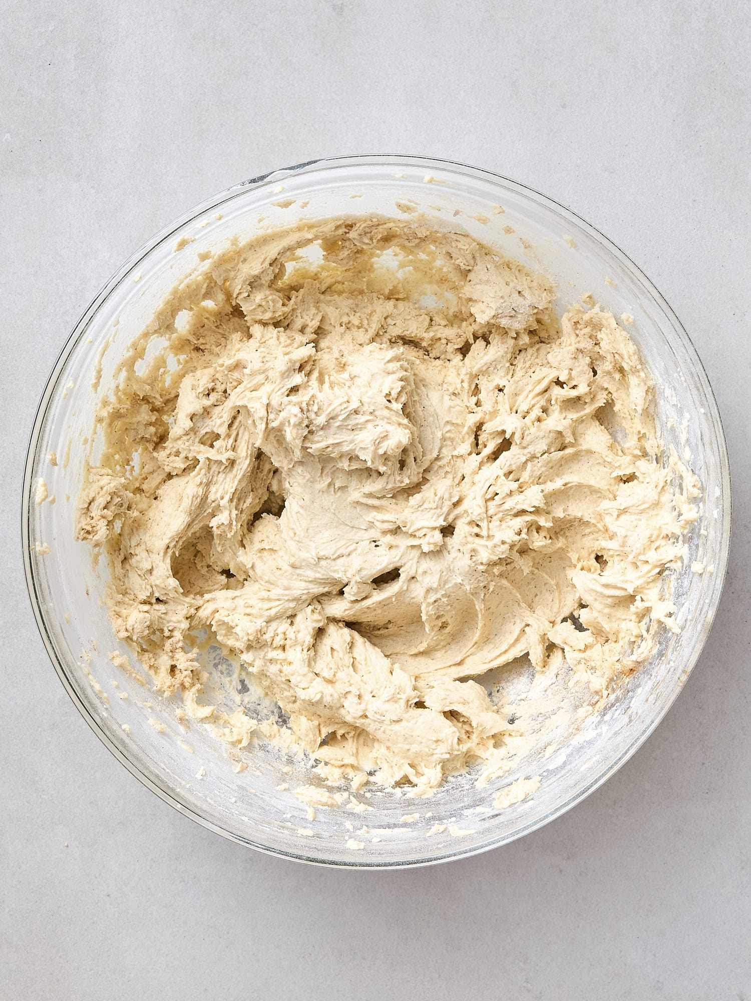 Coffee cake batter in glass bowl.