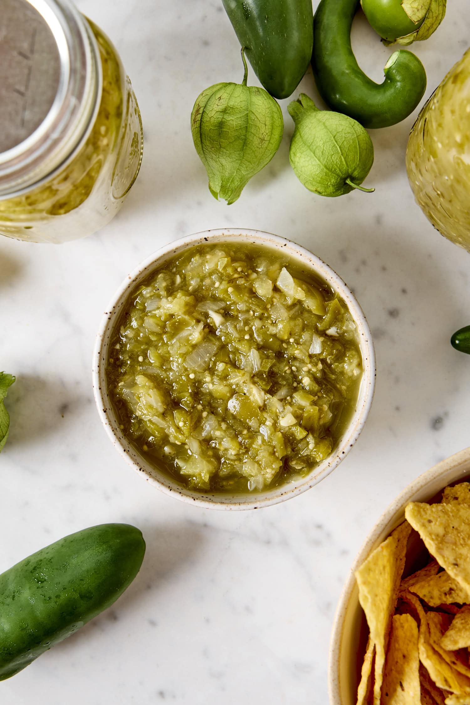 Chunky salsa verde in a bowl.
