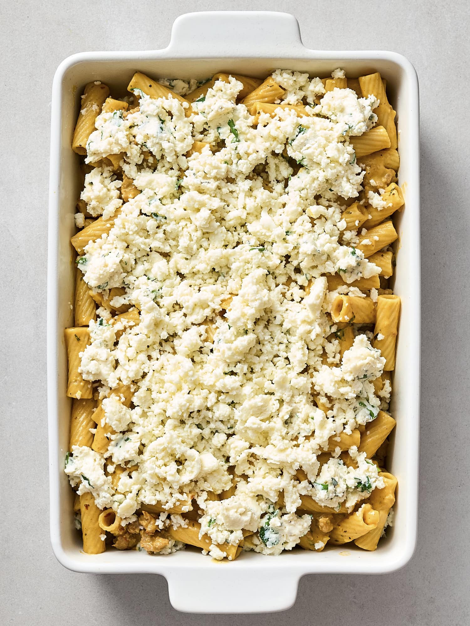 Pumpkin baked ziti before being baked in the oven.
