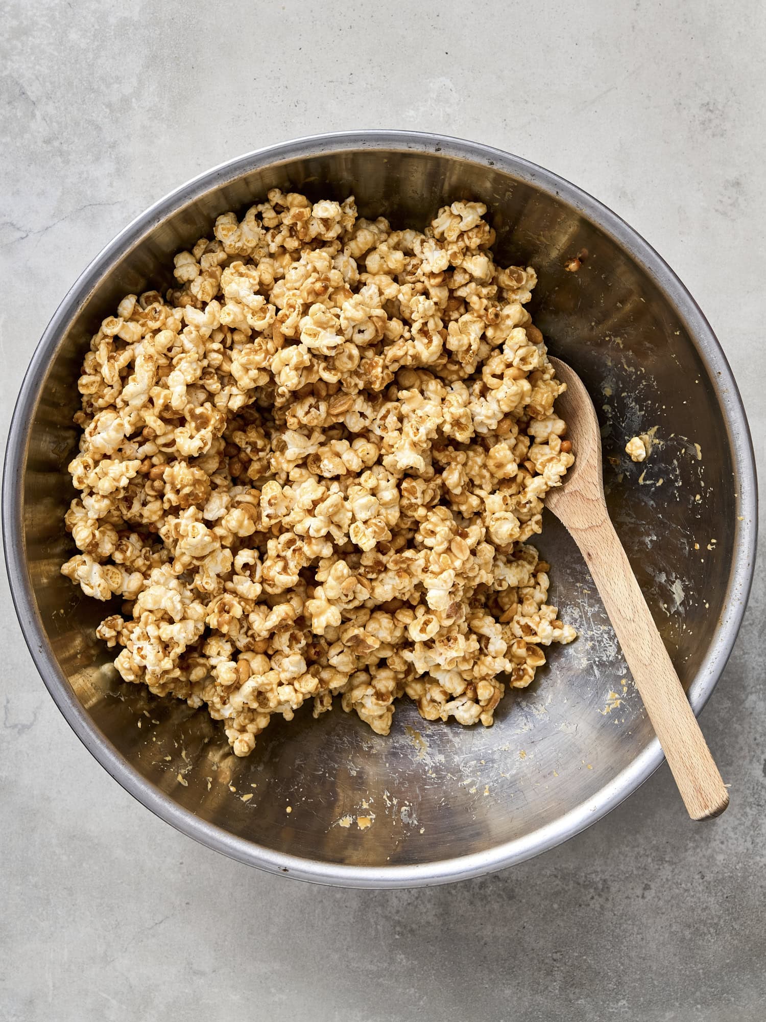 Coated popcorn with caramel sauce.