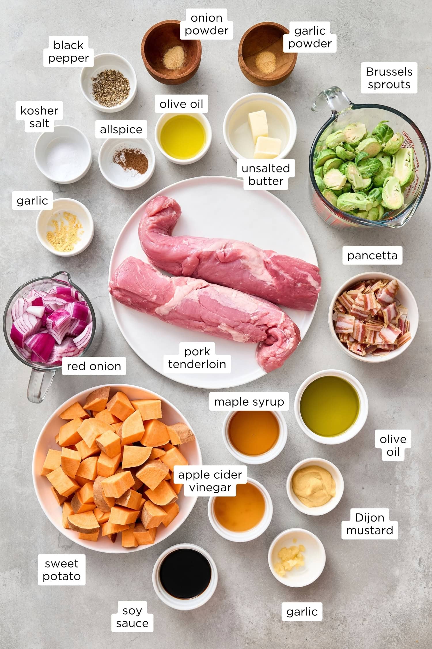 All ingredients needed for maple glazed pork tenderloin.