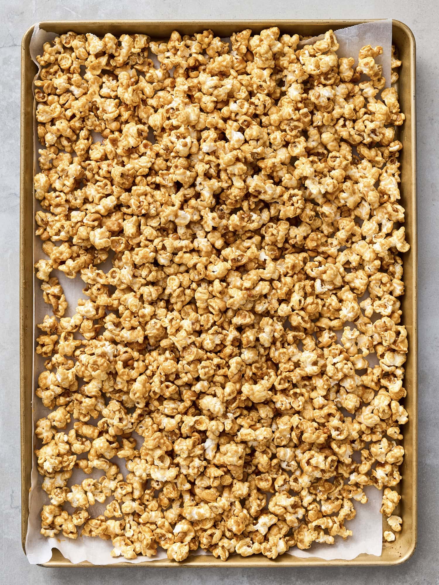 Peanut butter popcorn after being baked in the oven.