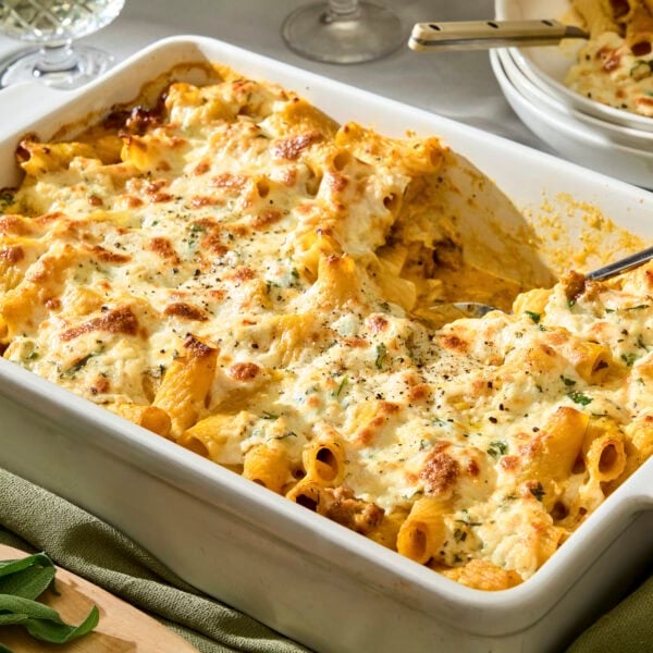 Baking dish with pumpkin baked ziti.