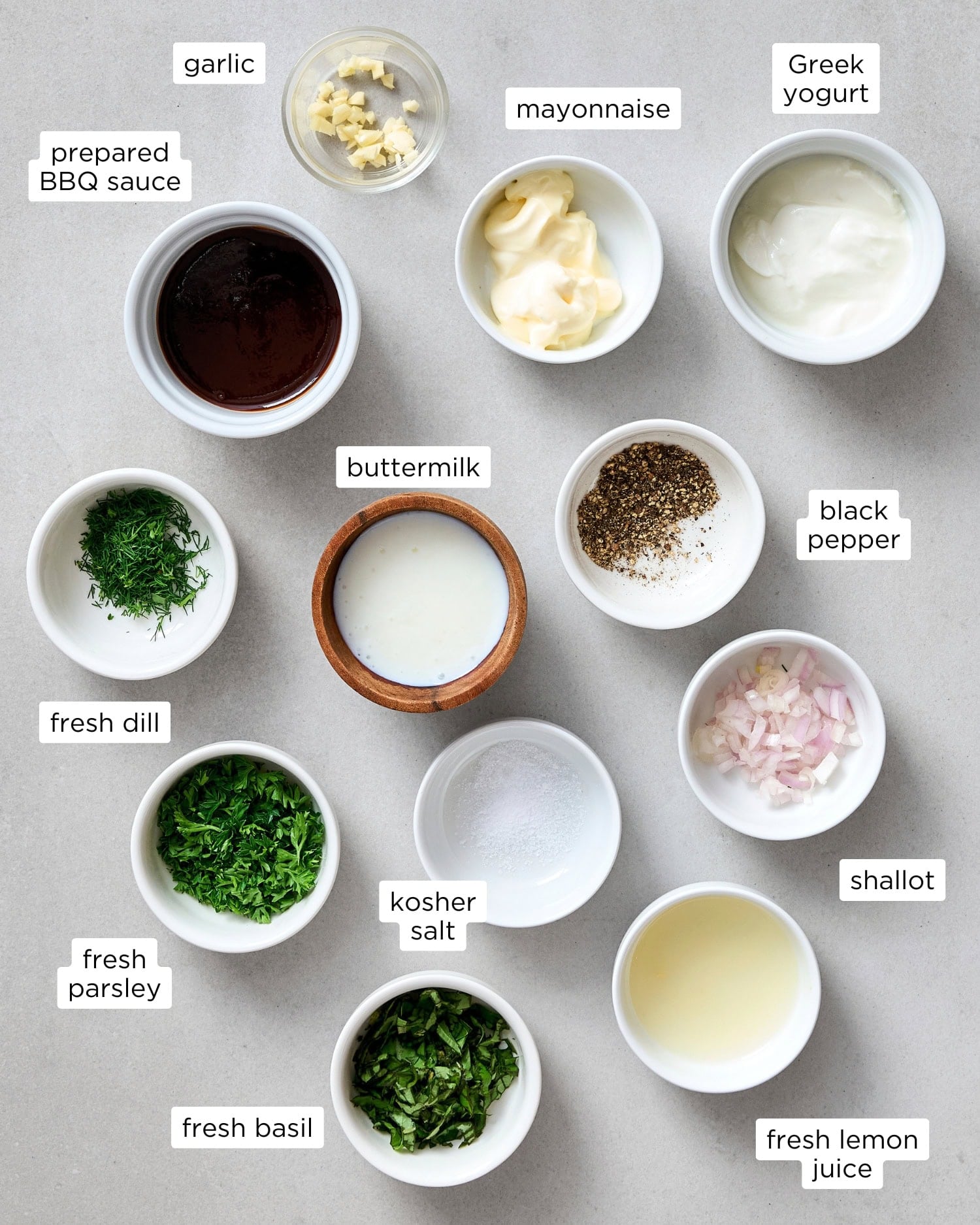 Ingredients needed for BBQ ranch dressing recipe.