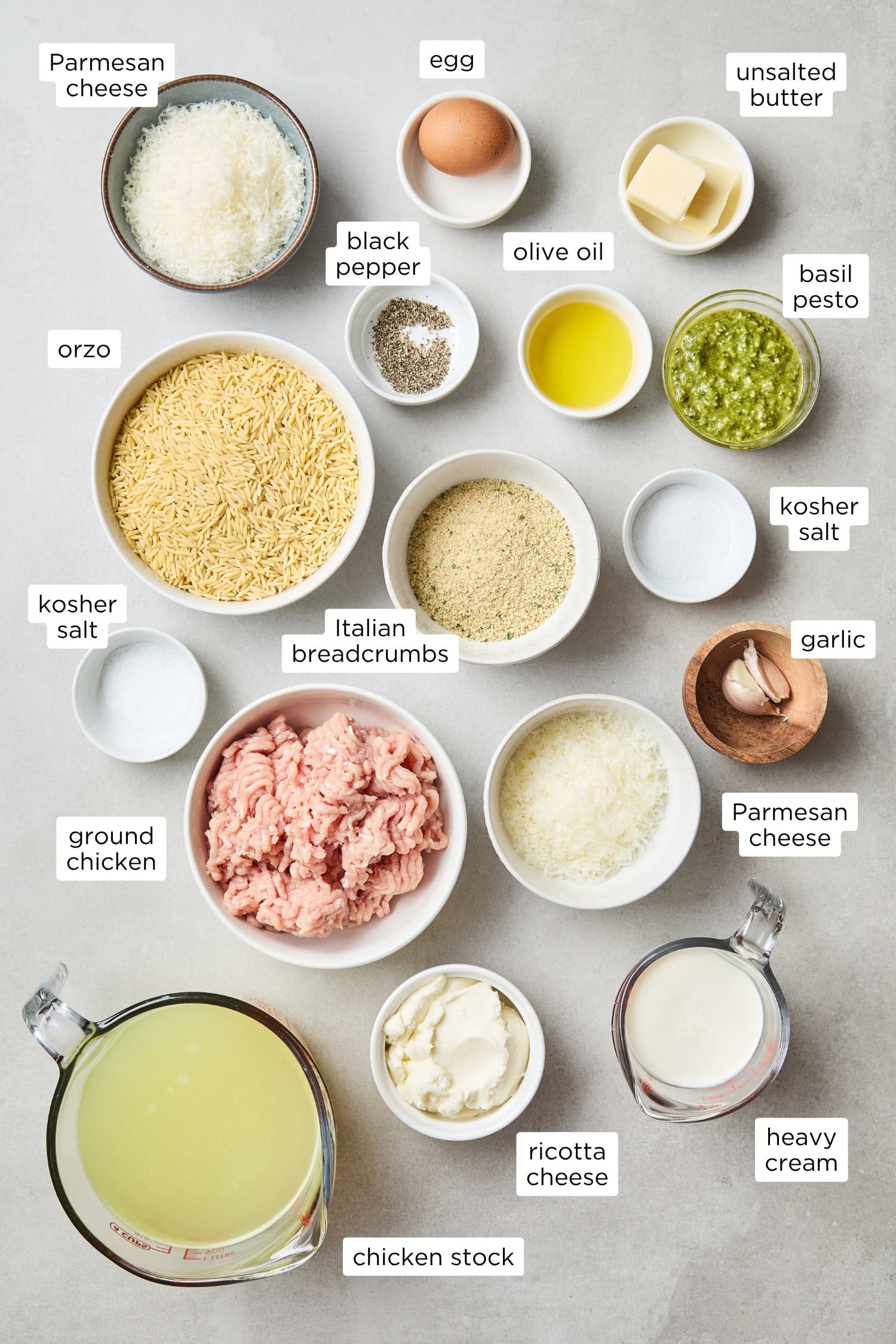 Ingredients needed for pesto chicken meatballs.